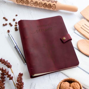 Burgundy personalized leather recipe binder with floral engraving, elegant cookbook journal gift for mom and newlyweds