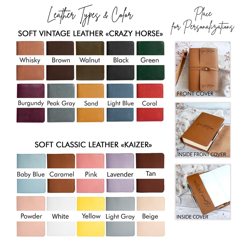 May include: A chart showing different leather types and colors for a journal. The leather types are "Crazy Horse" and "Kaizer". The colors include whisky, brown, walnut, black, green, burgundy, peak gray, sand, light blue, coral, baby blue, caramel, pink, lavender, tan, powder, white, yellow, light gray, and beige.
