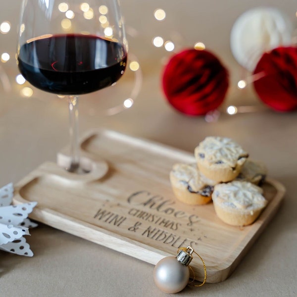Personalised wine and nibbles board, cheese and wine board, christmas snack board, wine and glass holder, christmas charcuterie board