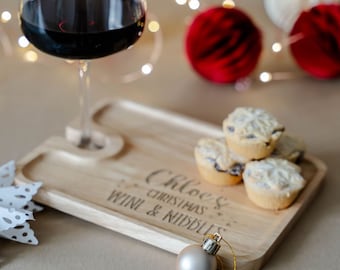 Personalised wine and nibbles board, cheese and wine board, christmas snack board, wine and glass holder, christmas charcuterie board