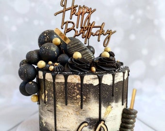 Acrylic Happy Birthday Cake Topper and cake charm, double layer cake topper, black and gold cake topper, black and gold decorations, modern