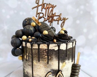 Acrylic Happy Birthday Cake Topper, Black and Gold, Modern Cake Charm