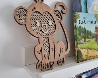 Wooden monkey nursery decor, safari nursery decor, wooden wall decor, babyshower gift, rattan wall decor, monkey shelf sitter, safari theme