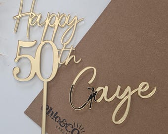 Acrylic Happy 50th Birthday cake topper and name cake charm, gold mirror cake topper, 50th birthday cake decorations, acrylic cake toppers
