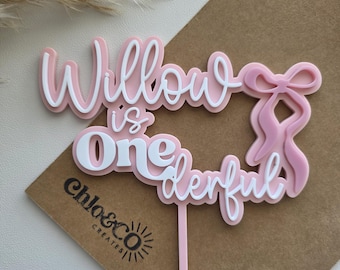 Adorno acrílico para tarta "Onederful", adorno personalizado para tarta de primer cumpleaños, adorno para tarta con lazo, decoraciones para tarta con lazo
