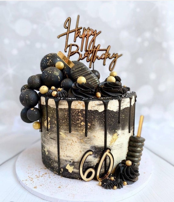 Acrylic Happy Birthday Cake Topper and Cake Charm, Double Layer Cake Topper,  Black and Gold Cake Topper, Black and Gold Decorations, Modern 