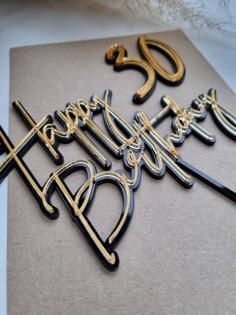 Acrylic Happy Birthday Cake Topper and Cake Charm, Double Layer Cake Topper,  Black and Gold Cake Topper, Black and Gold Decorations, Modern 