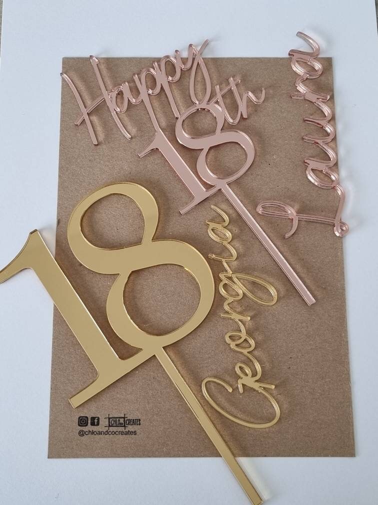 Acrylic 18th Birthday Cake Topper and Name Cake Charm, Gold Mirror Cake ...