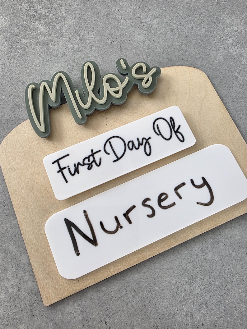 May include: A wooden sign with the name "Milo's" in green and beige letters. The sign also has two white labels, one that says "First Day Of" and the other that says "Nursery".