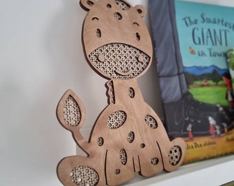 Wooden giraffe nursery decor, giraffe wall hanging, safari nursery decor, jungle themed decor, rattan wall decor, babyshower gift