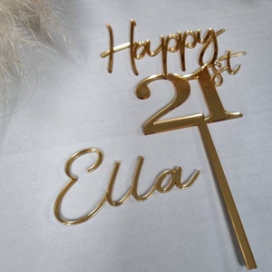 Acrylic Happy 21st Birthday cake topper and name cake charm, gold mirror cake topper, 21st birthday cake decorations, acrylic cake toppers image 3