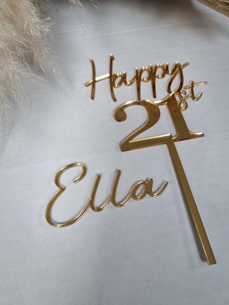 Acrylic Happy 21st Birthday cake topper and name cake charm, gold mirror cake topper, 21st birthday cake decorations, acrylic cake toppers image 3