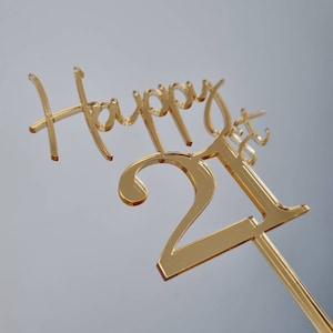 Acrylic Happy 21st Birthday cake topper and name cake charm, gold mirror cake topper, 21st birthday cake decorations, acrylic cake toppers image 2