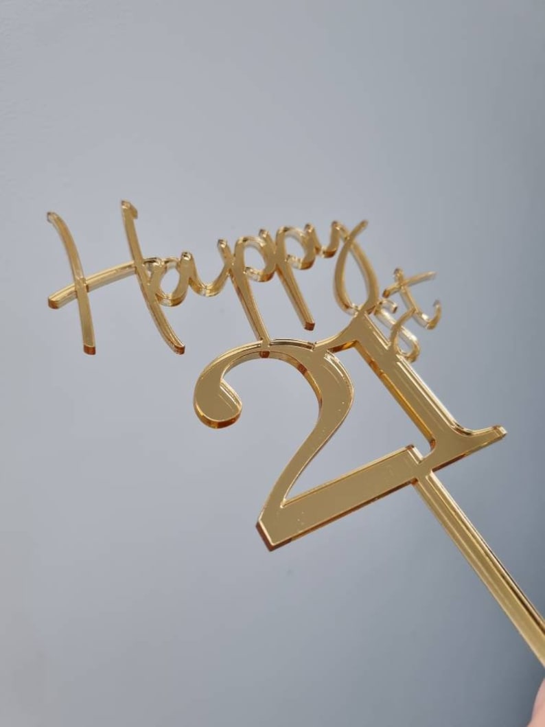 Acrylic Happy 21st Birthday cake topper and name cake charm, gold mirror cake topper, 21st birthday cake decorations, acrylic cake toppers image 2
