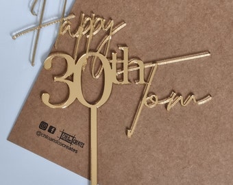 Acrylic Happy 30th Birthday cake topper, personalised 30th cake topper, 30th birthday cake decorations, acrylic cake toppers, gold mirror