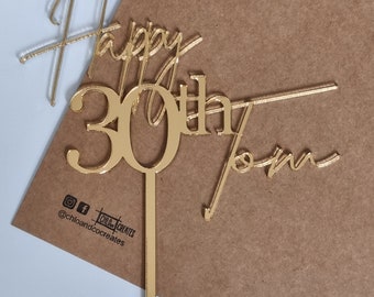 Personalised 30th Birthday Cake Topper, Gold Mirror Acrylic