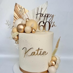 Acrylic Happy 60th Birthday cake topper and name cake charm, gold mirror cake topper, 60th birthday cake decorations, acrylic cake toppers