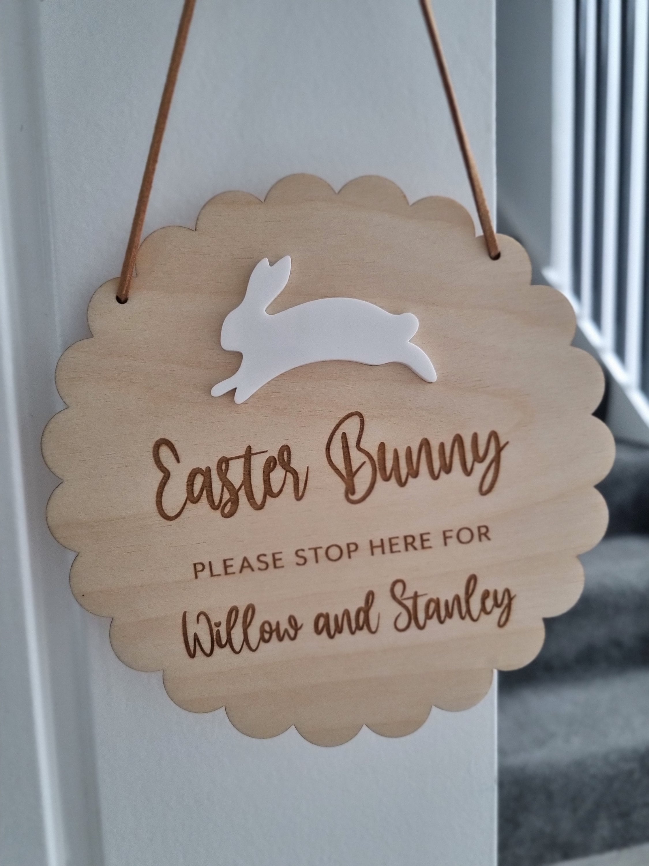 Personalised Easter Bunny Stop Here Sign, Engraved Wood, Kids