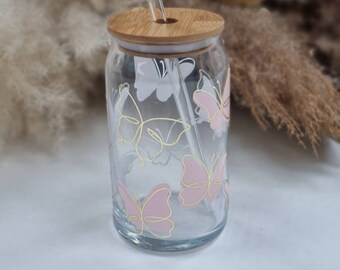 Butterfly glass can with bamboo lid and glass straw, libbey glass, reusable glass cup, glass tumbler, 16oz can glass, butterfly gift