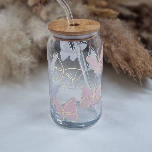 Butterfly glass can with bamboo lid and glass straw, libbey glass, reusable glass cup, glass tumbler, 16oz can glass, butterfly gift