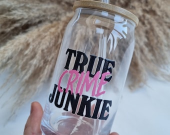 True Crime Junkie Glass Can Cup, Bamboo Lid & Straw