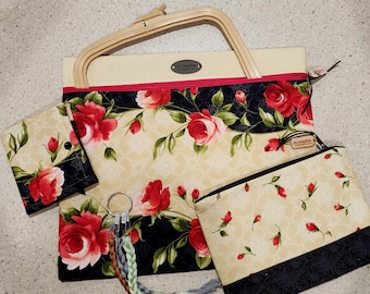 Bolsa de tela para proyectos de punto de cruz, bolsa de tela con cremallera, bolsa de tela para proyectos de costura con cremallera, diseño floral vintage.