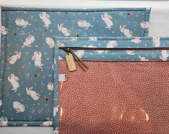 Bolsa para proyectos de punto de cruz con frente de vinilo - Bolsa para proyectos de punto de cruz - Organizador de bolsas - Bordado - Costura - Bordado - Conejitos