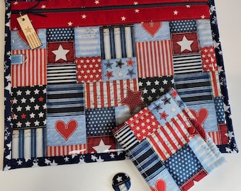 Bolsa para Projetos de Ponto Cruz - Bolsa com Frente em Vinil - Bolsa Organizadora para Projetos - Porta-Agulhas - Organizador de Materiais - Tecido Patriótico