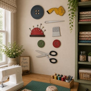 Può includere: Una decorazione da parete con sagome in legno di strumenti da cucito, tra cui un grande bottone blu scuro, un metro a nastro giallo, un ago, un puntaspilli rosso, un ditale, un bottone verde, un bottone rosso e delle forbici. Un cartello riporta la scritta Sew Create Inspire.