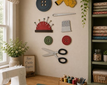 Wall Decor-Dimensional Wall Cut out shapes- Wall decor-Wooden Sewing Wall Decor-Sewing Notions Wall Decor-Tape Measure & Button Wall
