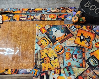 Bolsa para proyectos de punto de cruz - Bolsa organizadora para proyectos de punto de cruz - Bolsa organizadora de punto de cruz con frente de vinilo - Collage de Halloween