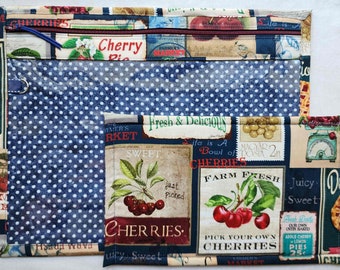 Bolsa para projetos de ponto cruz com frente em vinil - Bolsa organizadora para projetos de ponto cruz - Bordado - Costura - Tapeçaria - Frutas Vintage