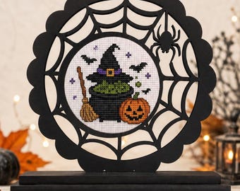 Halloween Spider Web Cross Stitch Frame with Stand – Spooky Needlework Display