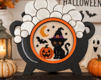 Halloween Cauldron Cross Stitch Frame – Raised Bubbles, Iridescent Shimmer, Orange Trim- come with stand