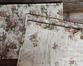 Bolsa para proyectos de punto de cruz - Bolsa para proyectos de punto de cruz - Organizador de bolsas para proyectos - Bolsa organizadora de punto de cruz con frente de vinilo - Rosas vintage