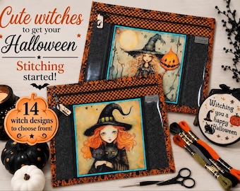 Halloween Witch Cross Stitch Project Bag - Vinyl Front Project Bag-Cross Stitch Project Organizer-Gift for Needleworker