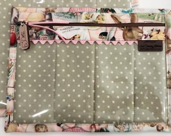 Bolsa para proyectos de punto de cruz - Bolsa organizadora para proyectos de punto de cruz - Bolsa organizadora de punto de cruz con frente de vinilo - Conejos vintage