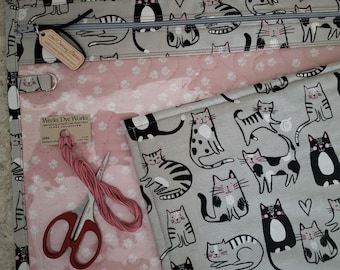 Cross Stitch Project Bag - Project Bag for Cross Stitch - Project bag organizer - Vinyl Front Cross Stitch Organization Bag - cats on grey