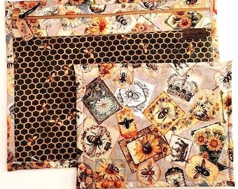 Bolsa para proyectos de punto de cruz - Bolsa para proyectos de punto de cruz - Organizador de bolsas para proyectos - Bolsa organizadora de punto de cruz con frente de vinilo - Abejas y corona