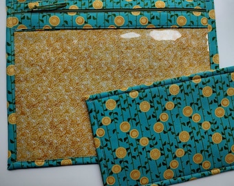 Bolsa organizadora para proyectos de punto de cruz - Bolsa organizadora para proyectos de punto de cruz con frente de vinilo - Flores amarillas sobre verde azulado