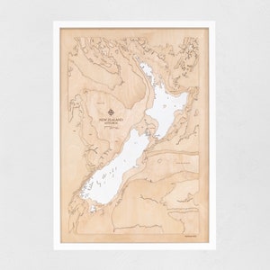 Nueva Zelanda - Mapa geográfico tridimensional en madera con relieves batimétricos de las profundidades del mar