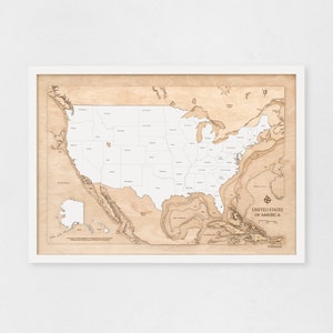 Vereinigte Staaten von Amerika - Geographische Karte in Holz mit echten bathymetrischen Vermessungen der Meerestiefen
