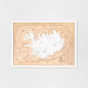 Islanda - Mappa geografica in legno con rilievi batimetrici delle profondità marine