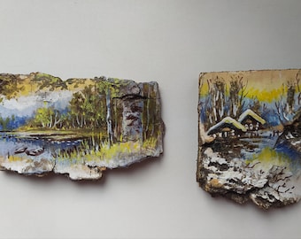 Fridge magnets made of birch bark, Hand drawn, Landscape in birch bark ,Wood painting, Birch bark art, Realistic art, Gift for her