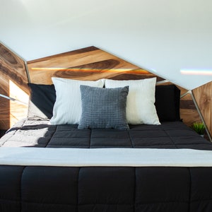 Wooden bedroom headboard with lighting bedside tables, RGB, Walnut, customizable, handmade