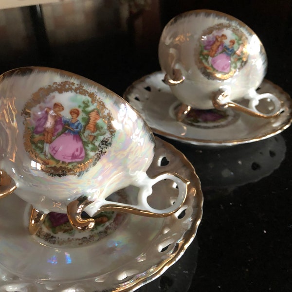 Vintage Japanese Grade A Footed Cup and Pierced Saucer x 2