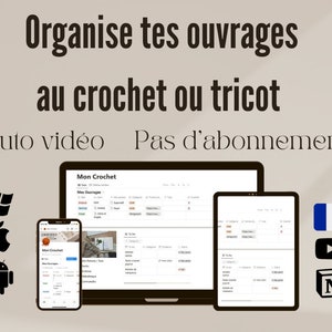 Könnte beinhalten: Bild zeigt einen Laptop, ein Tablet und ein Smartphone, die eine Häkelprojekt-Management-App anzeigen. Der Text lautet: "Organisieren Sie Ihre Häkel- oder Strickprojekte" und "Video-Tutorial, kein Abonnement."