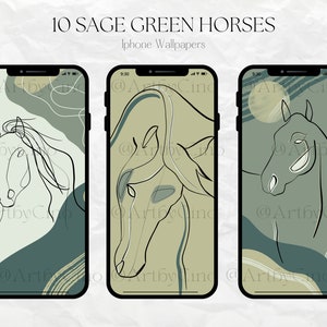 10 Sage Green Horse Line Art Phone Tapete, Grüne iPhone Hintergrund, Ästhetische iphone Tapete, Art Deco Tapete, Pferd Liebhaber Geschenk