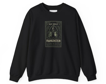 May include: Black sweatshirt featuring a graphic from Mary Shelley's "Frankenstein." The design includes the title, author's name, and a vintage-style illustration of two figures with a lightning bolt. A classic crew neck sweatshirt.