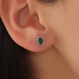 Gold Emerald Earrings / Minimalist Diamond Earrings / Oval Cut Emerald Earrings With Diamonds / Elegant Earrings For Women / Gift For Her